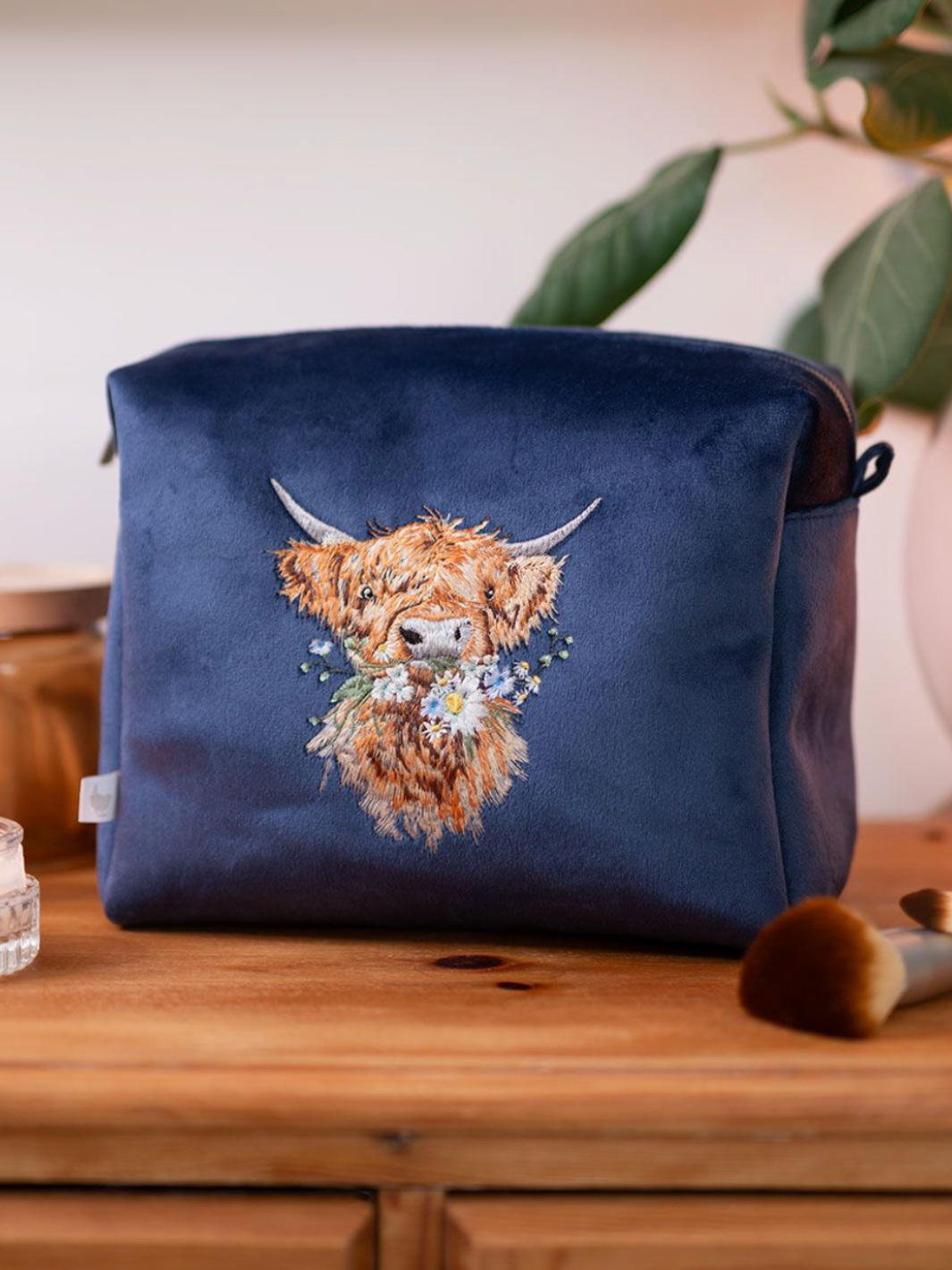 Daisy Coo Highland Cow Embroidered Cosmetic Bag